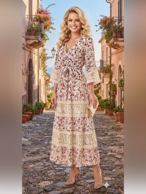 New A collective Story Floral Lace-Trim Maxi Dress in Blush size L